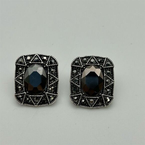 Square Art Deco Faux Black Hematite Rhinestone Stud Earrings Sparkle Fun - Picture 2 of 8